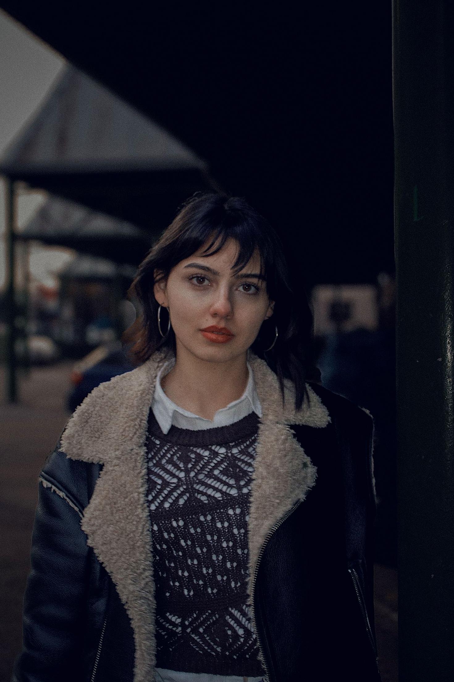 Woman in leather jacket