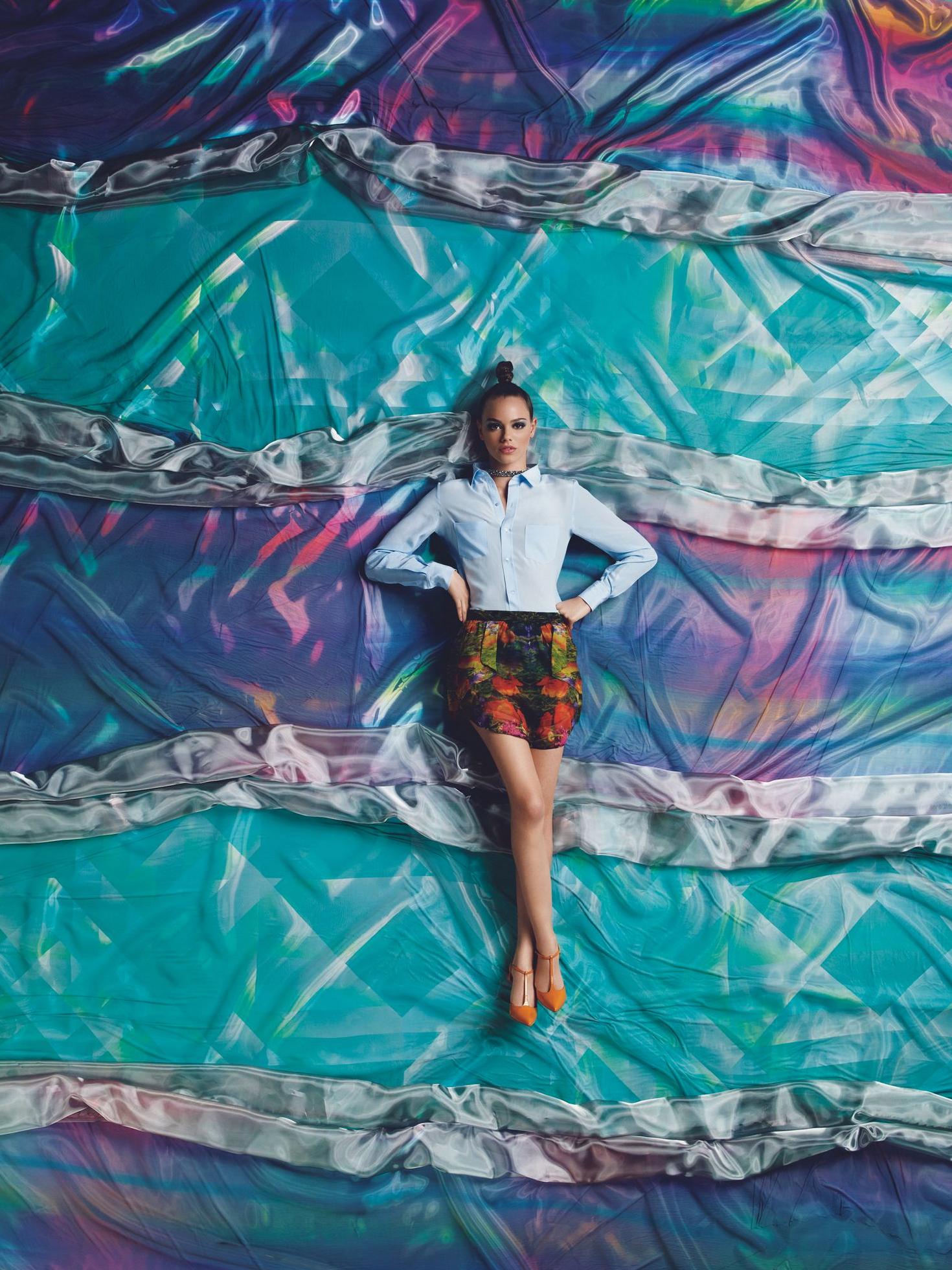 Overhead fashion editorial lifestyle photography showing vibrant textures and contemporary styling